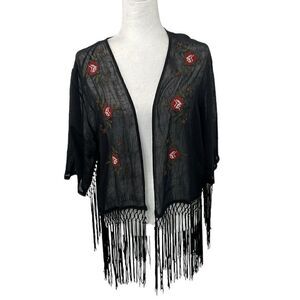 F21 Gothic Open Front Lightweight Romantic Kimono Embroider Fringe Black Large